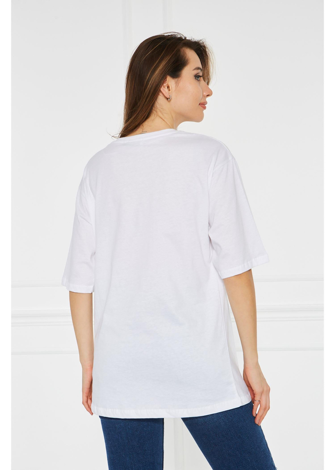Colored Face Baskılı Bisiklet Yaka Kadın Tshirt-Beyaz