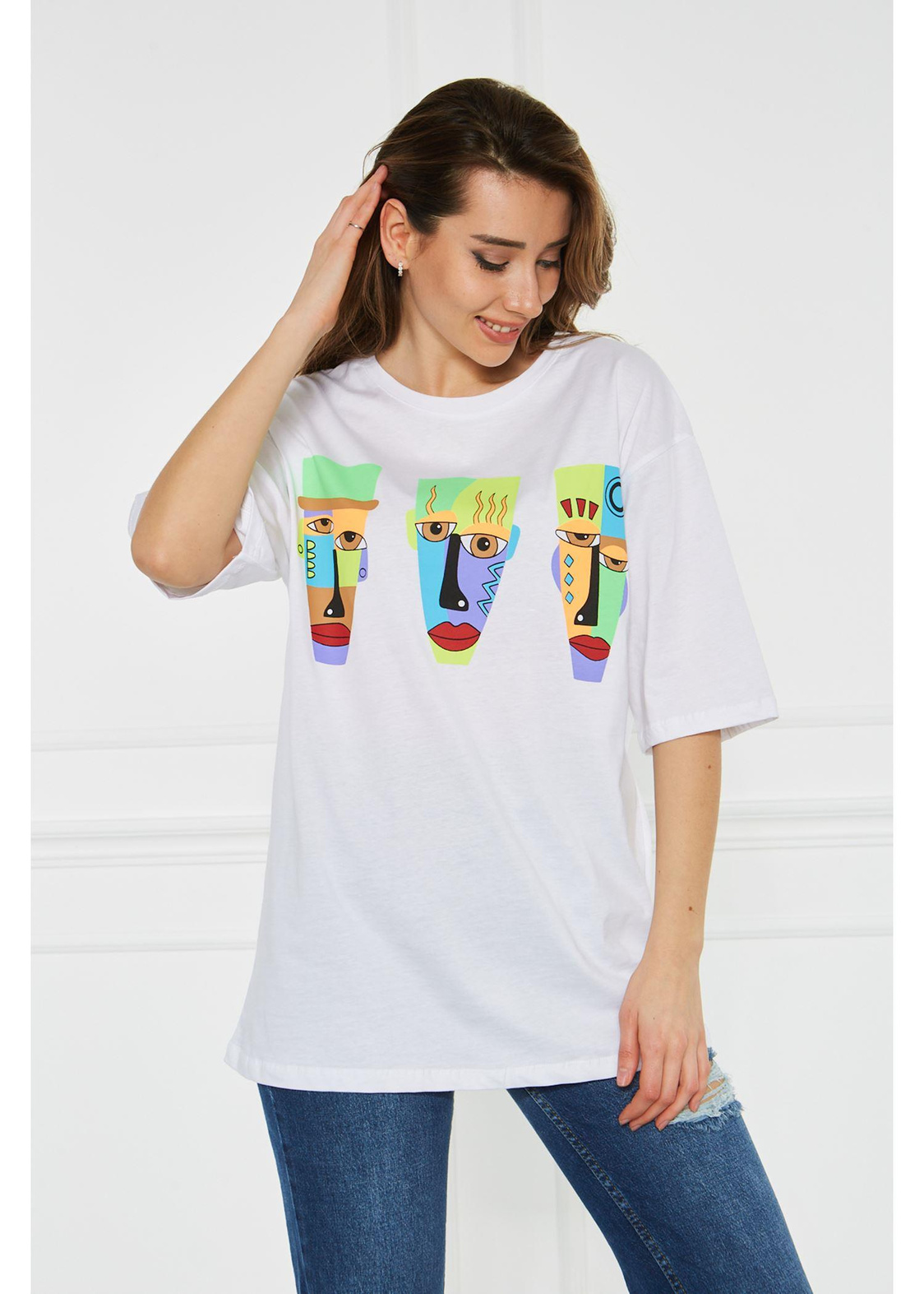 Colored Face Baskılı Bisiklet Yaka Kadın Tshirt-Beyaz