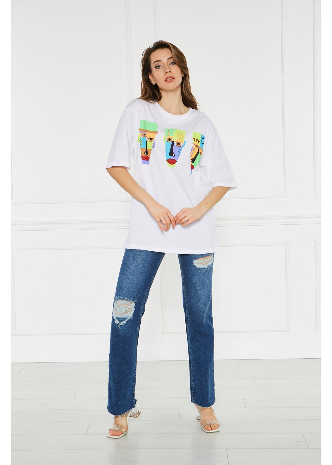 Colored Face Baskılı Bisiklet Yaka Kadın Tshirt-Beyaz