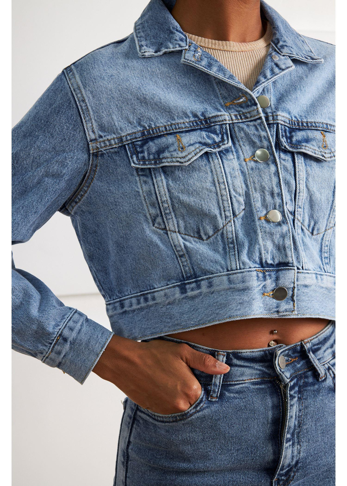 Crop Basic Denim Ceket-Mavi