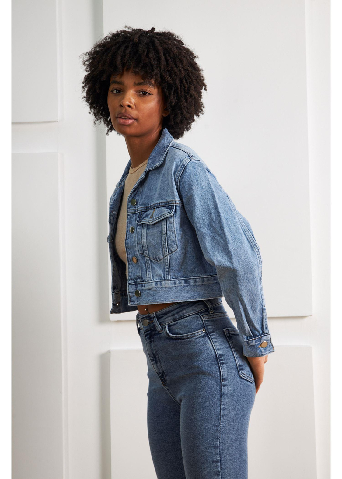 Crop Basic Denim Ceket-Mavi