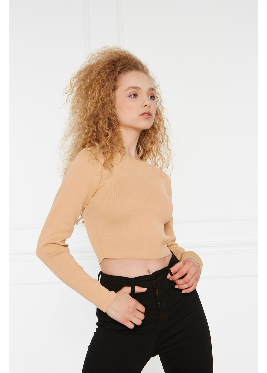 Crop Triko Bluz-Camel