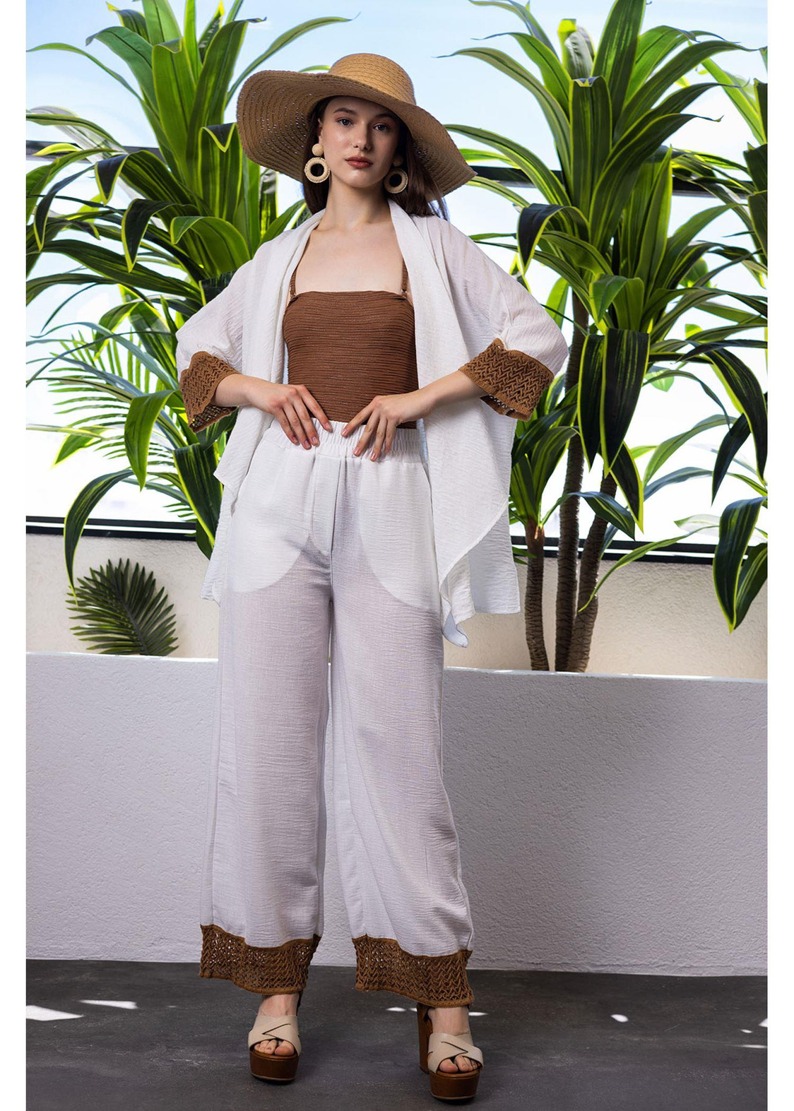 Dantel Detaylı Şal Yaka Keten Kimono-Ekru