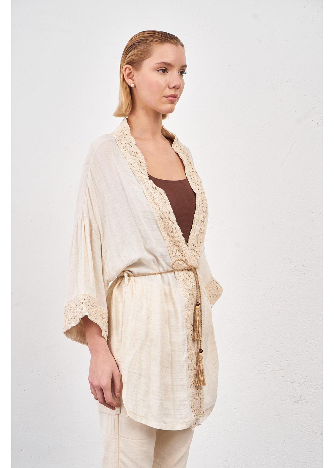 Dantelli Müslin Keten Kimono-Taş