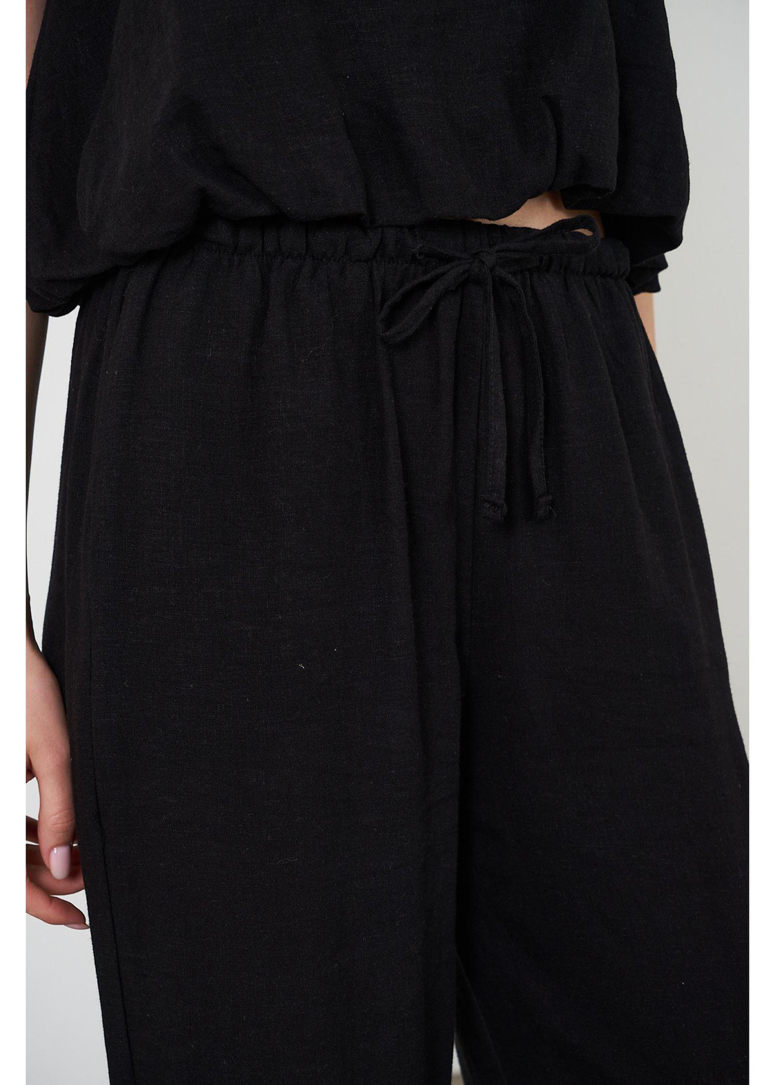 Dar Kemerli Keten Pantolon-Siyah