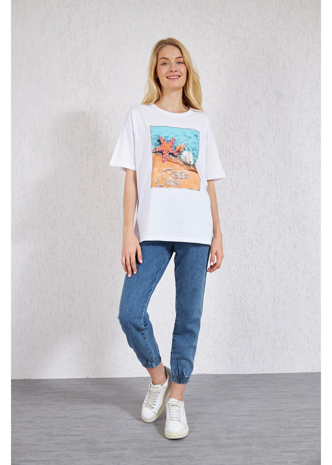 Deniz Baskılı Süprem T-Shirt-Beyaz
