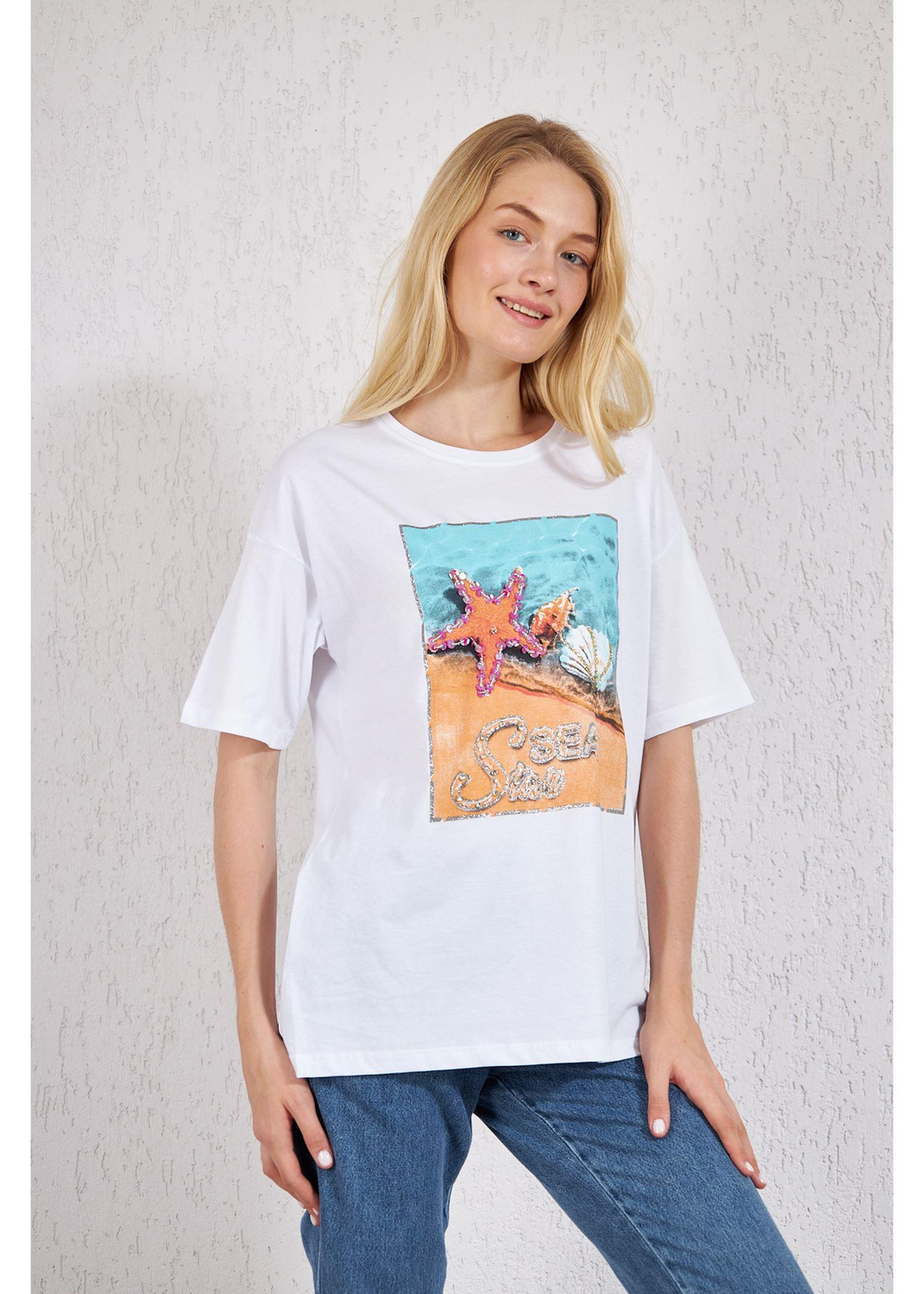 Deniz Baskılı Süprem T-Shirt-Beyaz