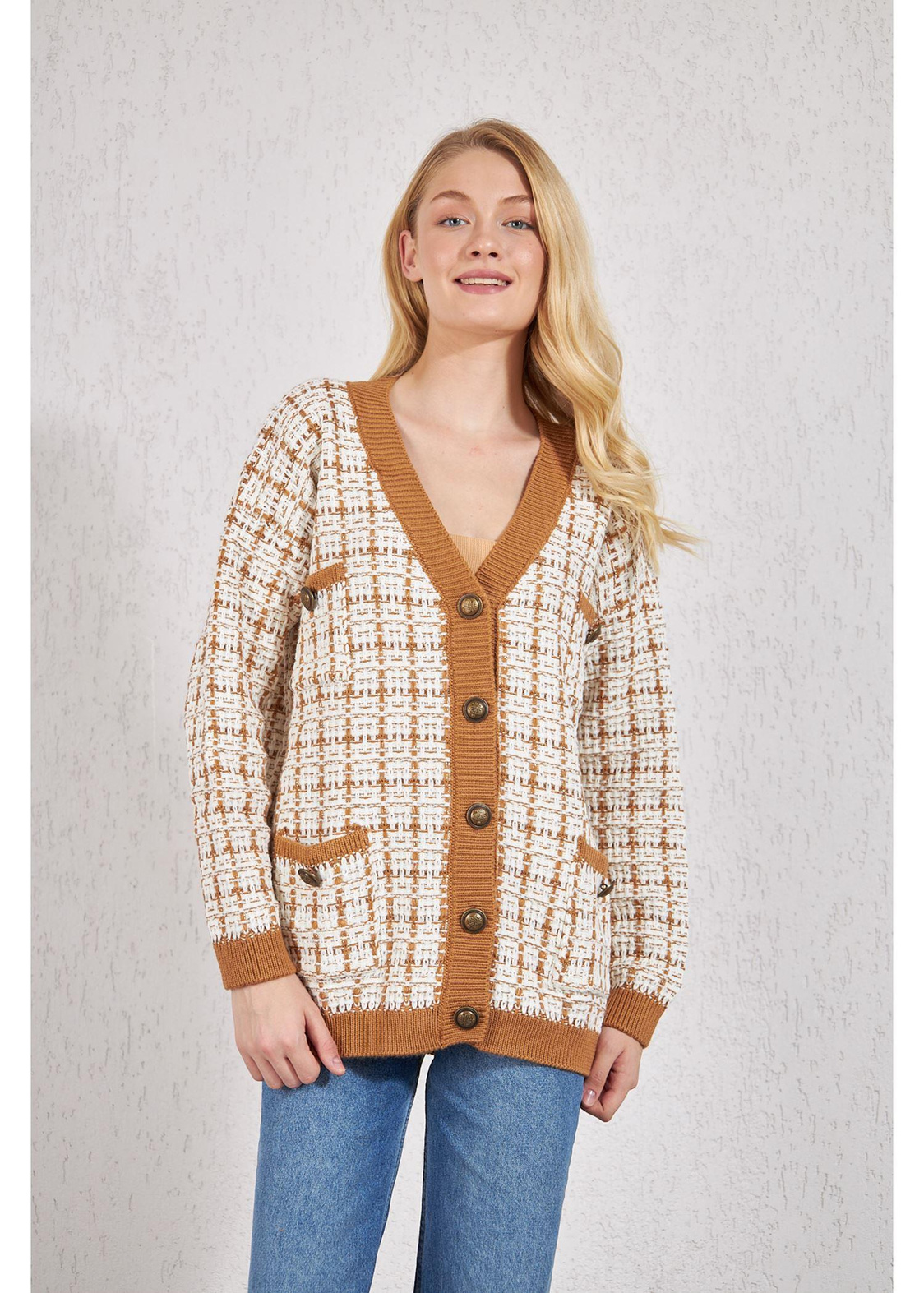 Desenli Cepli Triko Hırka-Camel