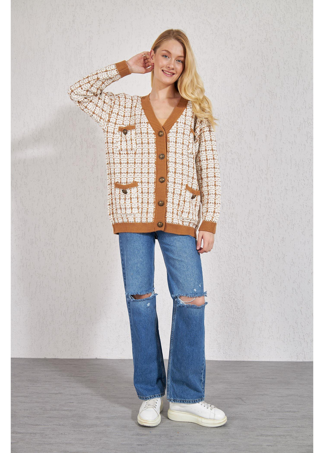 Desenli Cepli Triko Hırka-Camel