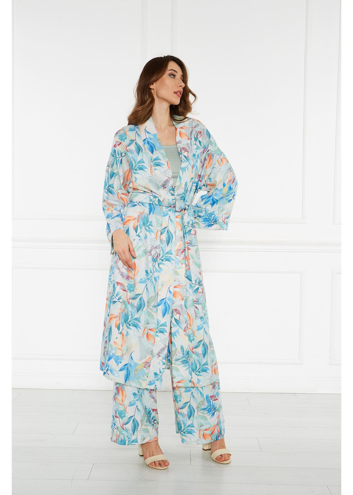 Desenli Keten Kimono-Mavi