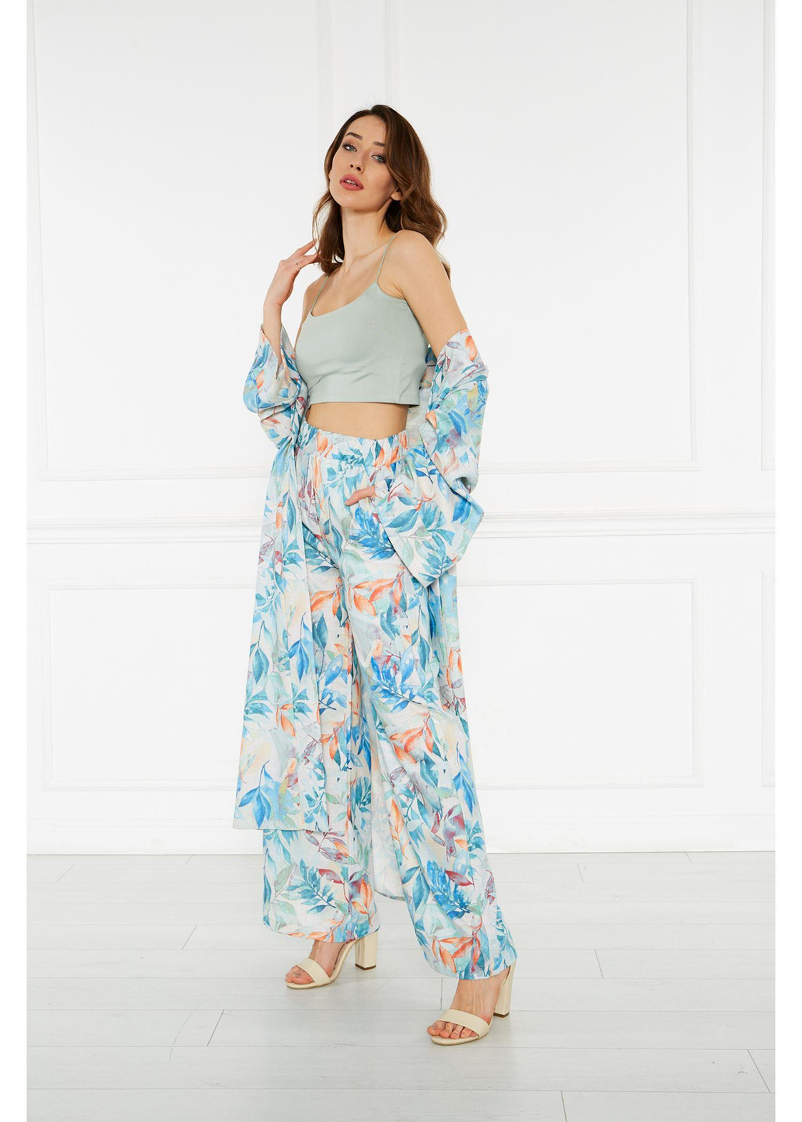 Desenli Keten Kimono-Mavi