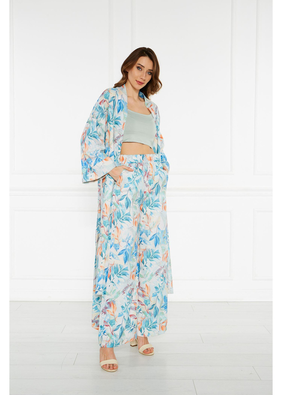 Desenli Keten Kimono-Mavi