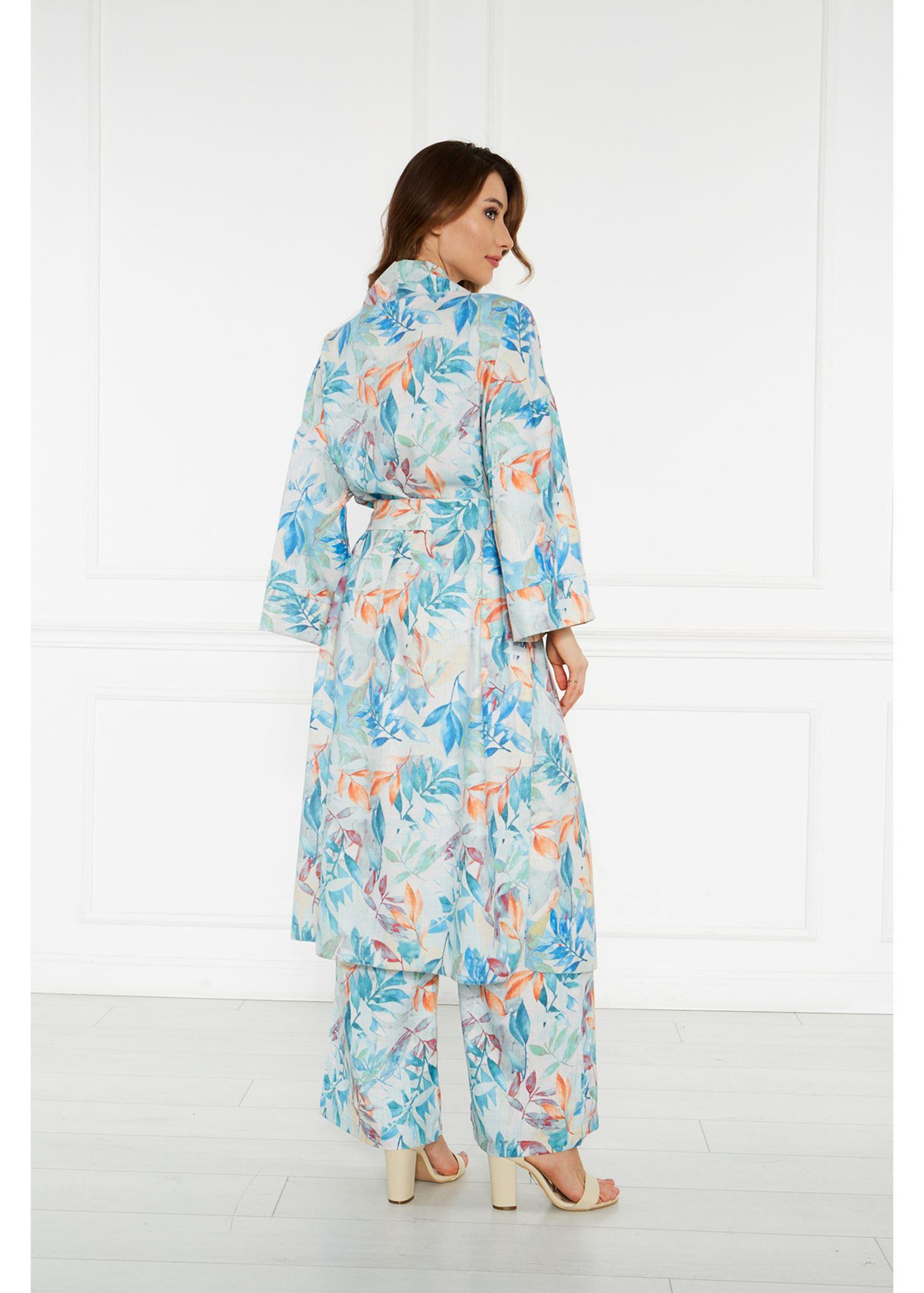 Desenli Keten Kimono-Mavi