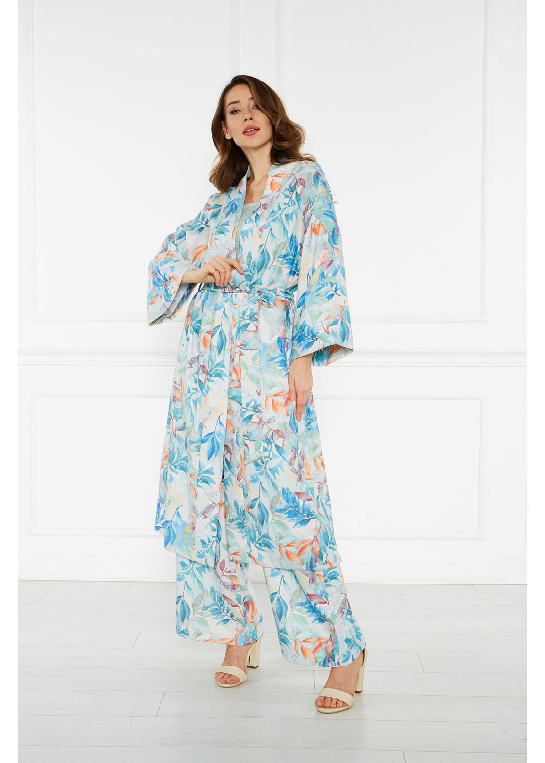 Desenli Keten Kimono-Mavi