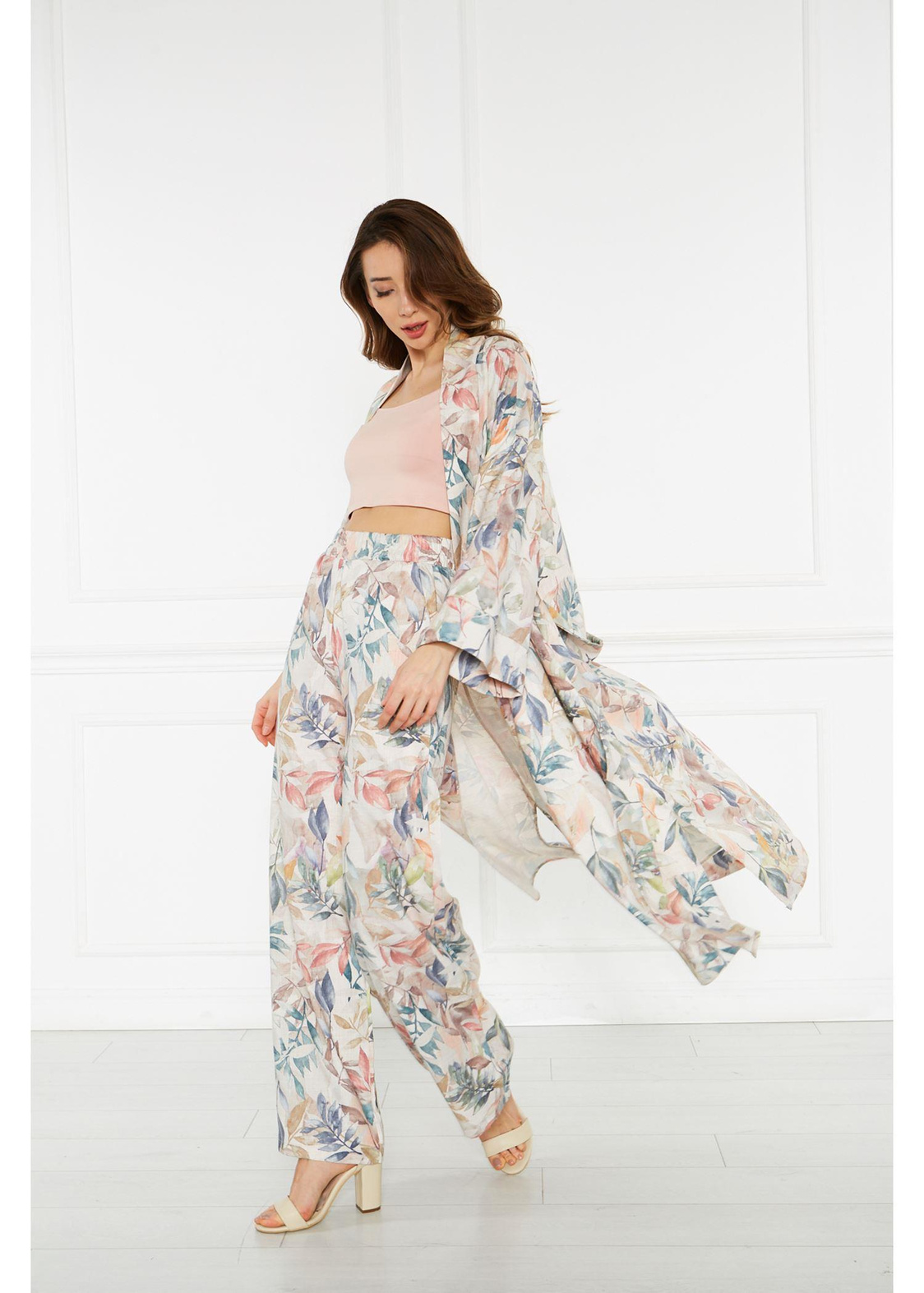 Desenli Keten Kimono-Yeşil