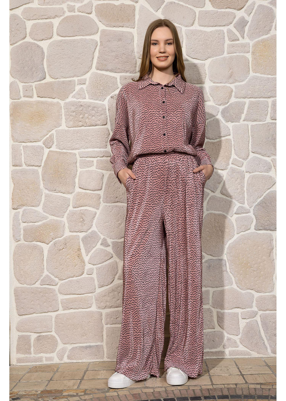 Desenli Örme Plise Pantolon-Pembe