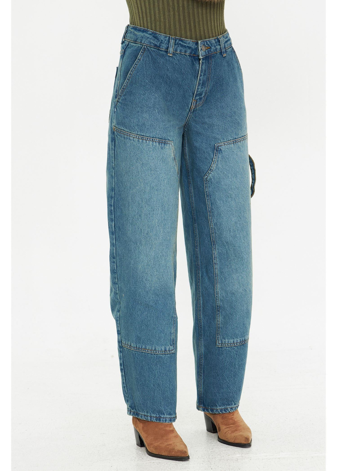 Dikişli Bol Paça Jean Pantolon