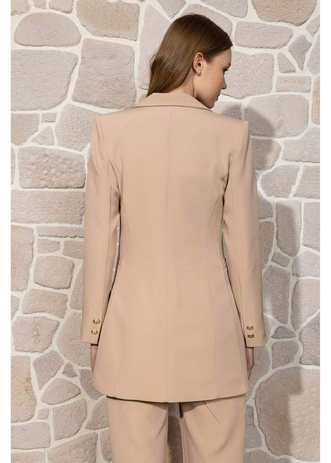Düğmeli Atlas Ceket-Bej