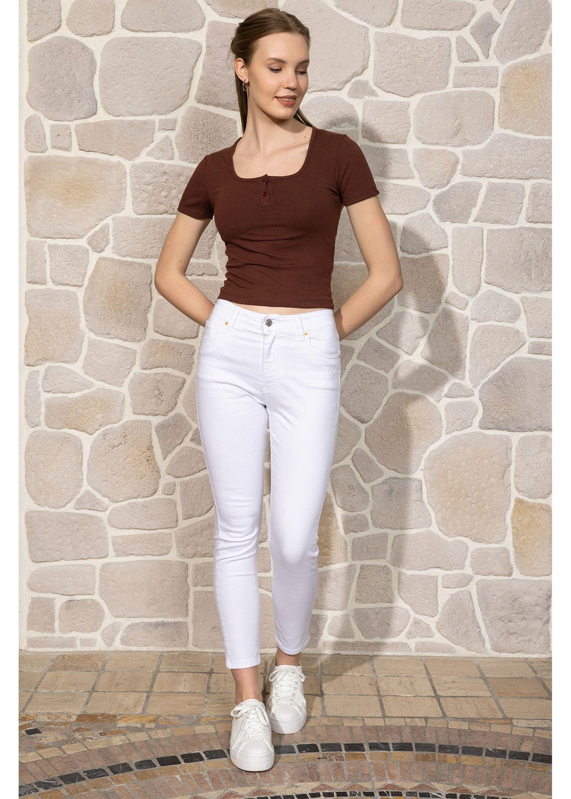 Düğmeli Kısa Kol Basic T-shirt-Kahve