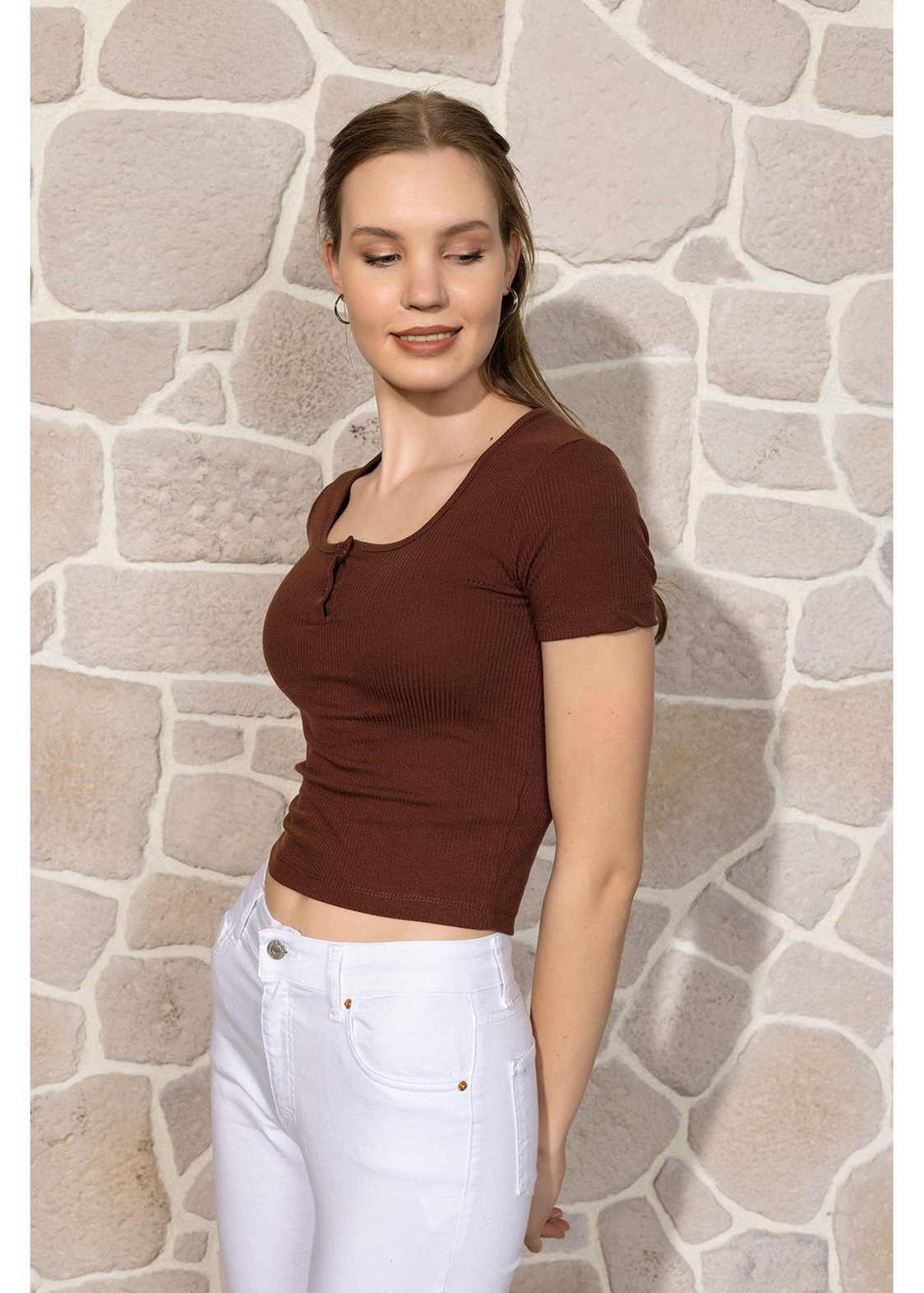Düğmeli Kısa Kol Basic T-shirt-Kahve