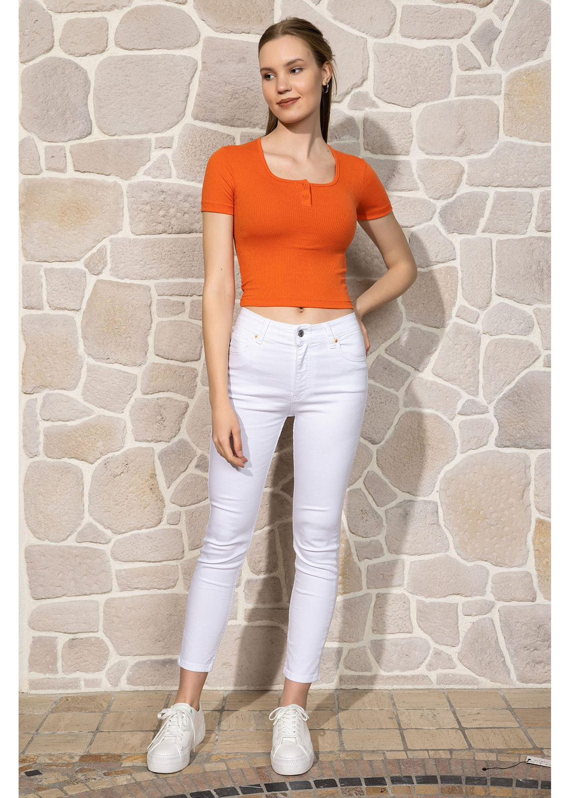 Düğmeli Kısa Kol Basic T-shirt-Turuncu