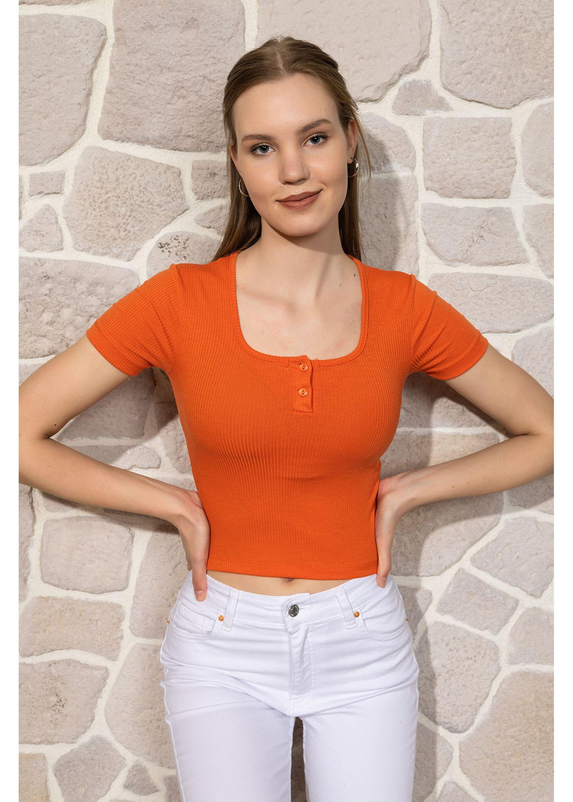 Düğmeli Kısa Kol Basic T-shirt-Turuncu