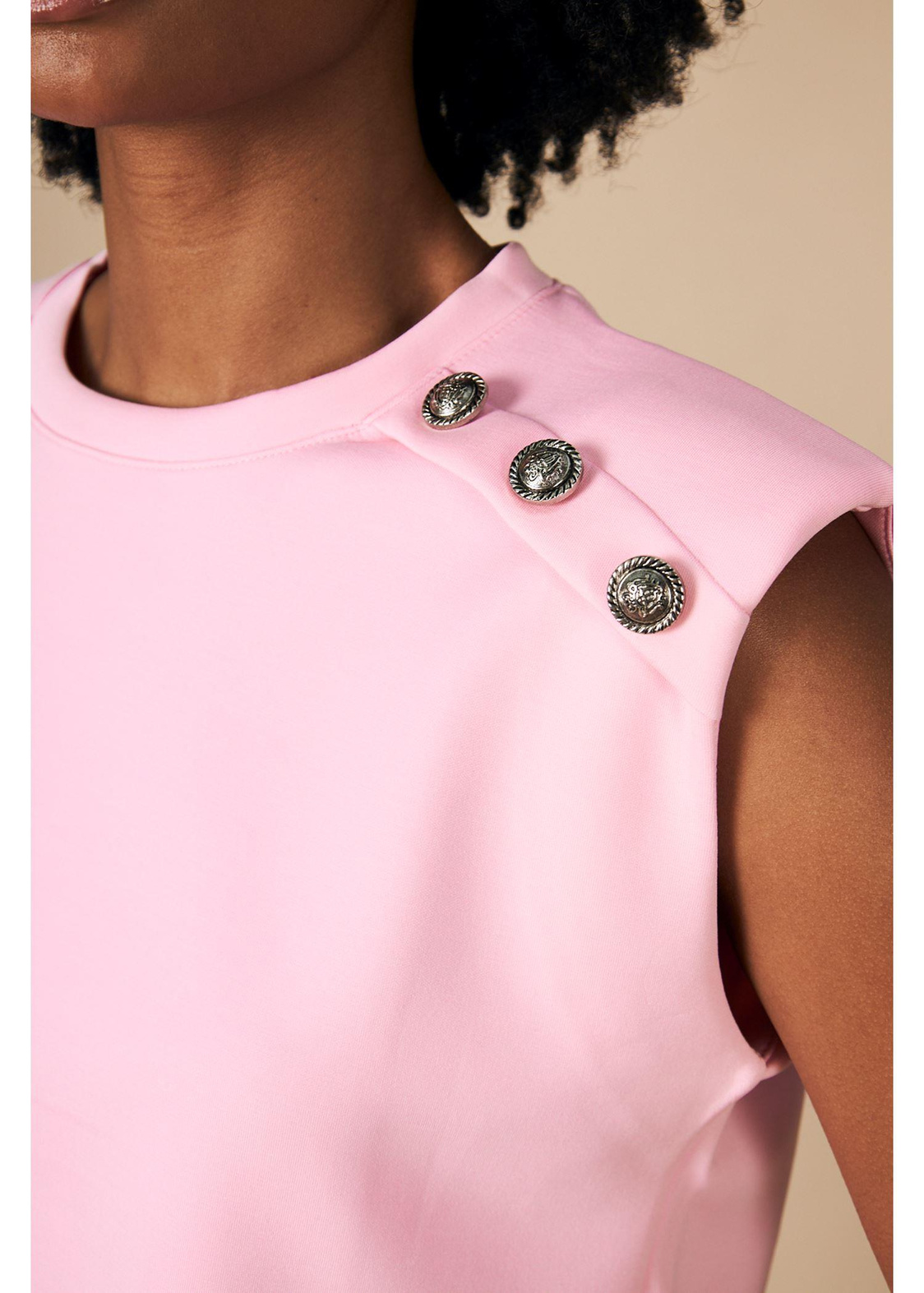 Düğmeli Sıfır Kol Dalgıç Crop Bluz-Pembe