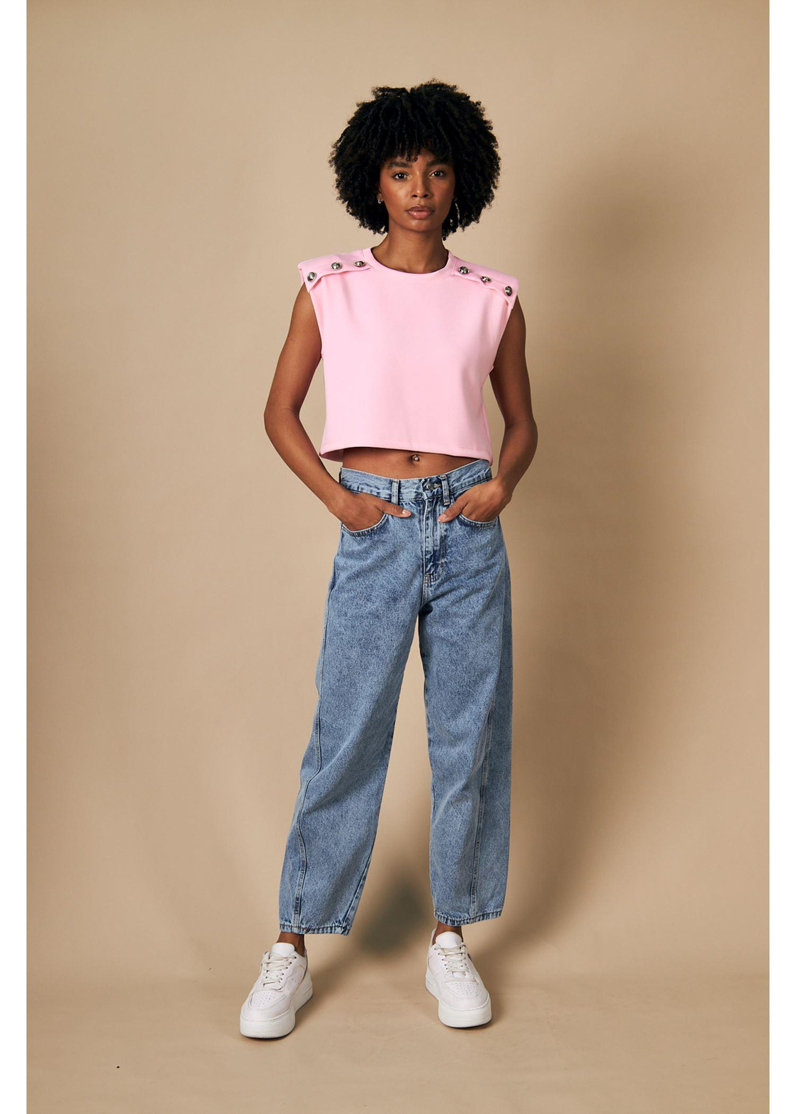 Düğmeli Sıfır Kol Dalgıç Crop Bluz-Pembe