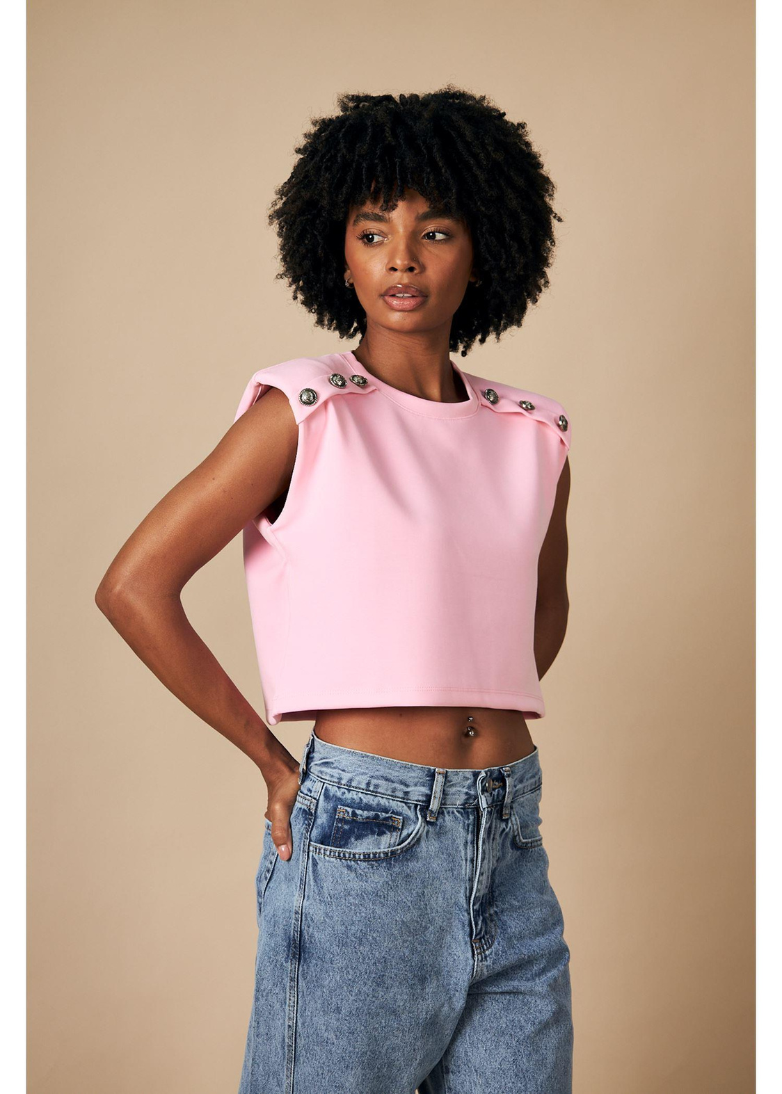 Düğmeli Sıfır Kol Dalgıç Crop Bluz-Pembe