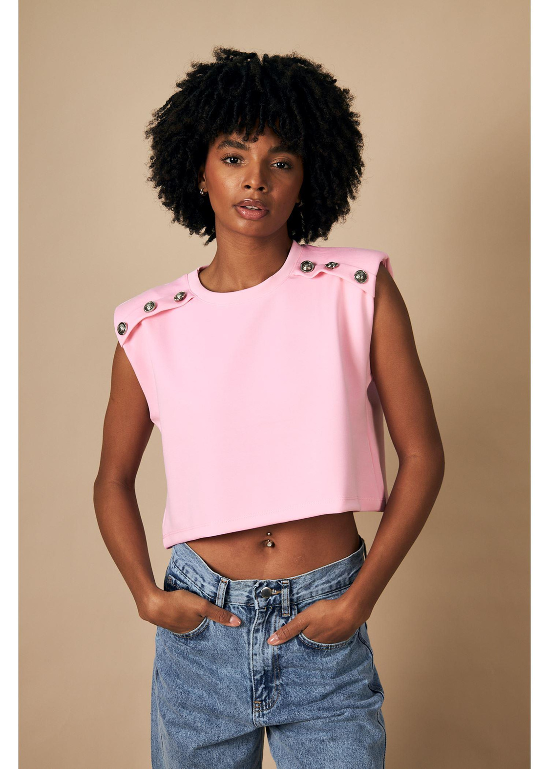 Düğmeli Sıfır Kol Dalgıç Crop Bluz-Pembe