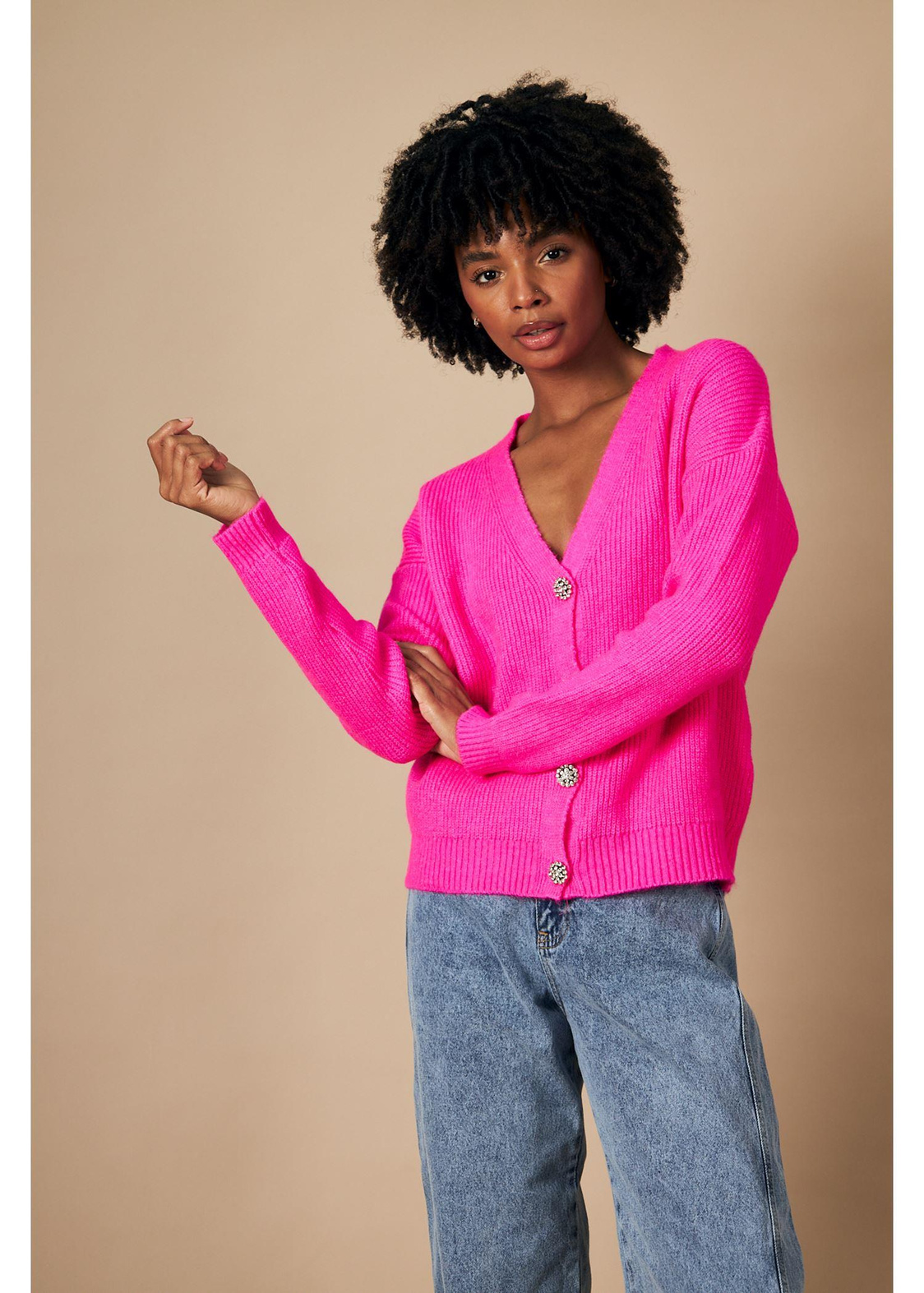 Düğmeli V Yaka Selanik Hırka-Fuşya