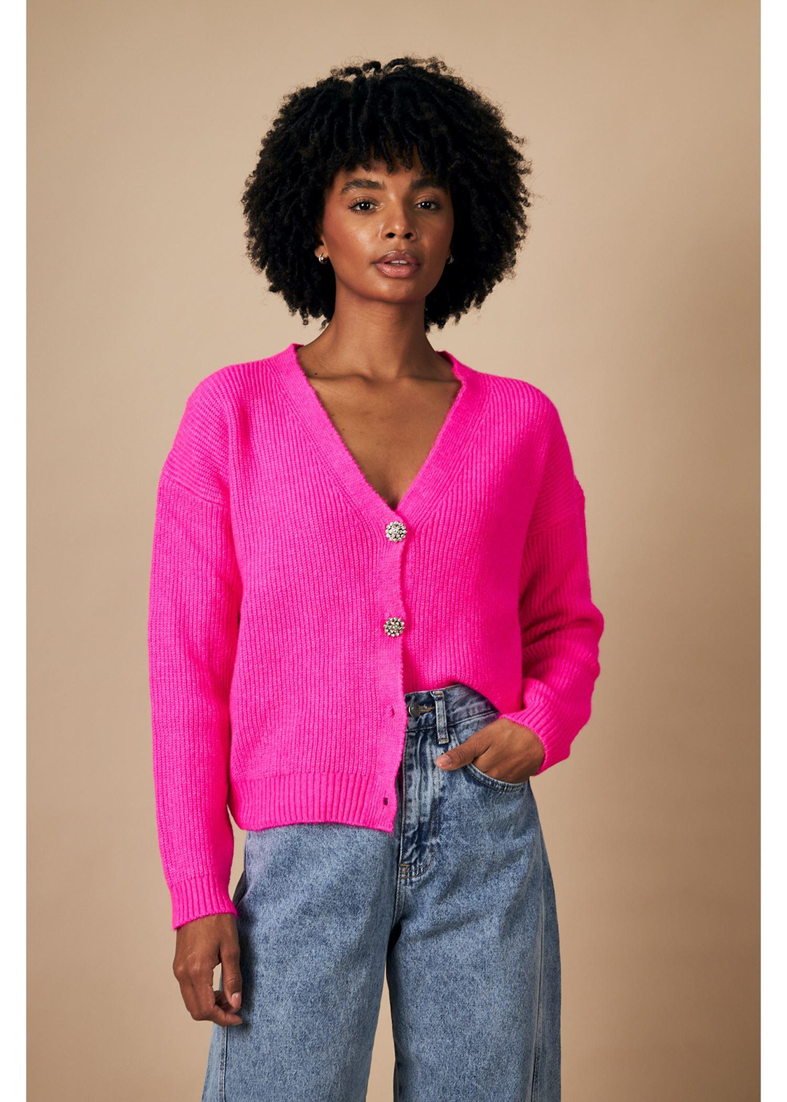 Düğmeli V Yaka Selanik Hırka-Fuşya