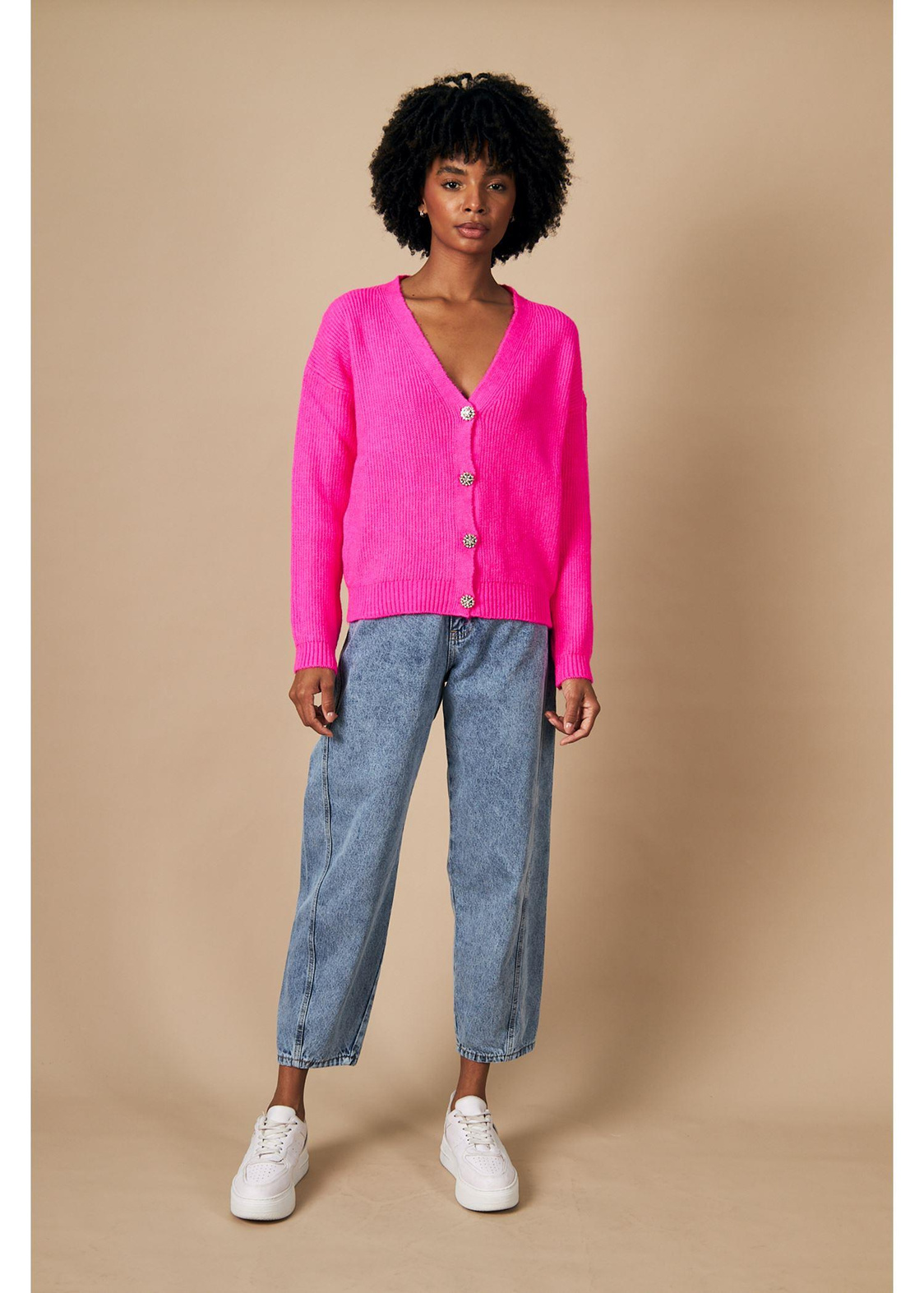 Düğmeli V Yaka Selanik Hırka-Fuşya