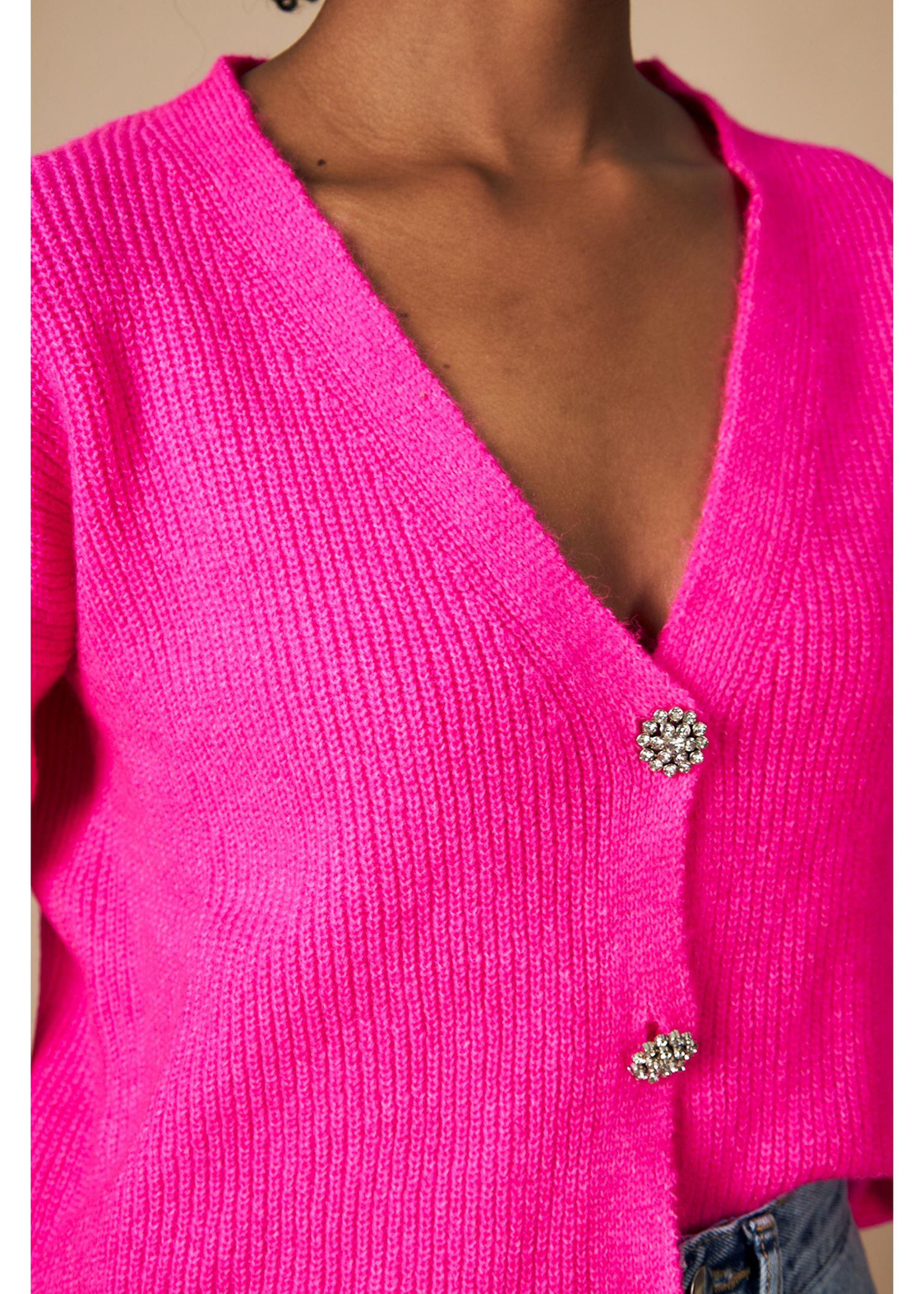 Düğmeli V Yaka Selanik Hırka-Fuşya