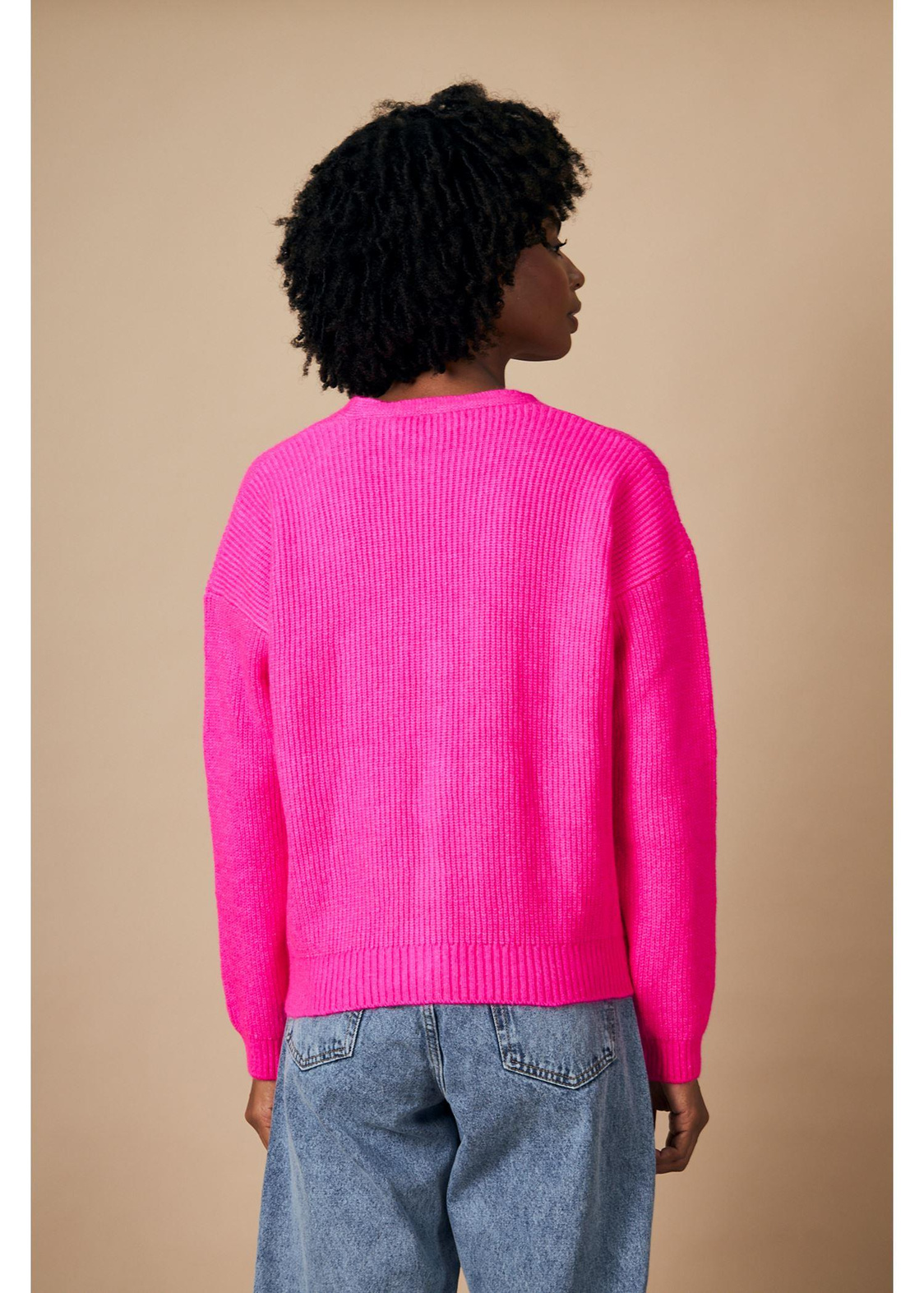 Düğmeli V Yaka Selanik Hırka-Fuşya