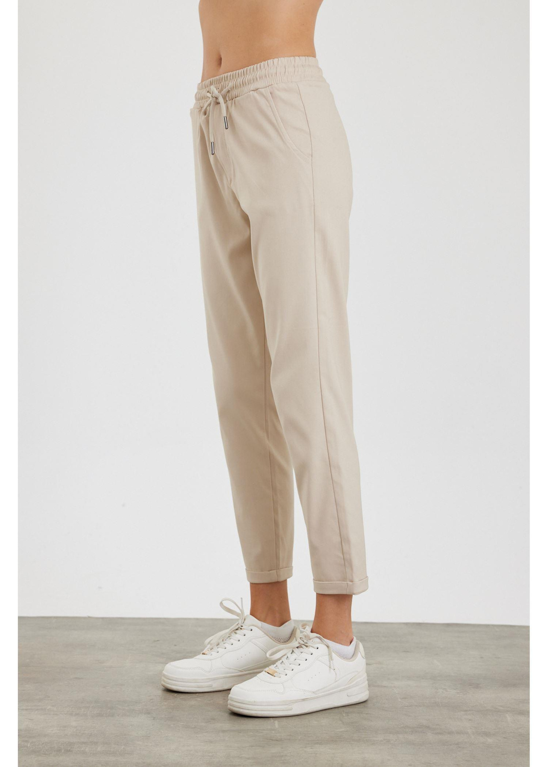 Elastik Bel Chino Pantolon-Krem