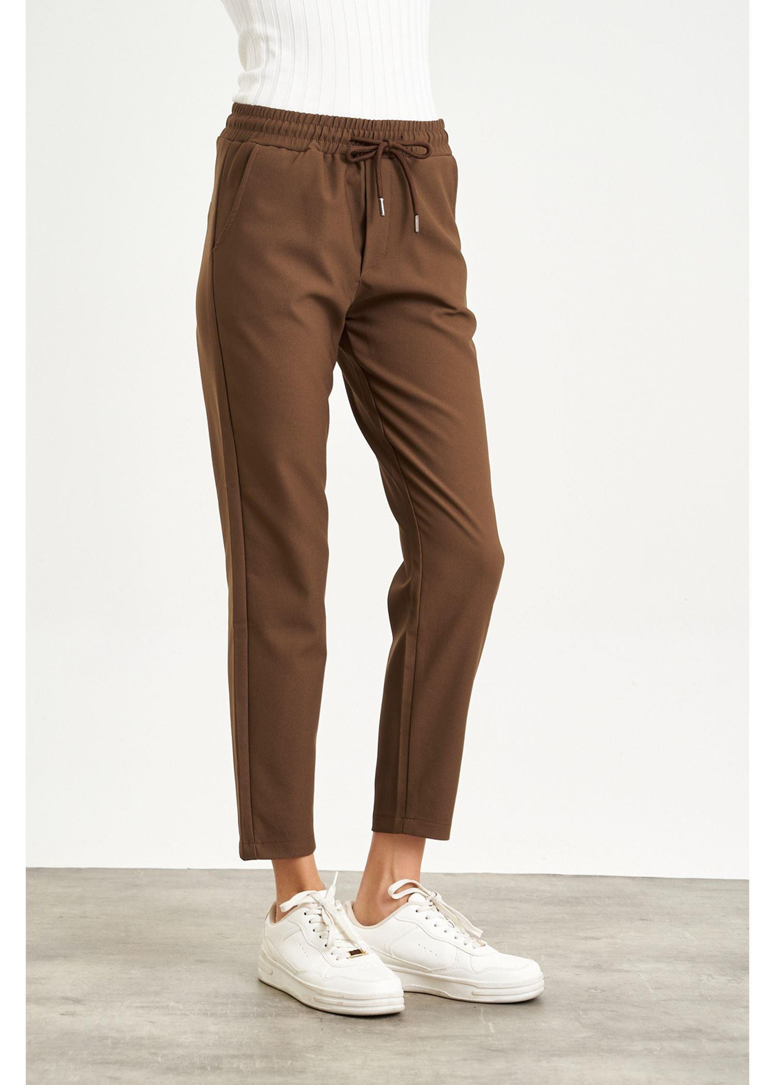 Elastik Mom Fit Pantolon-Kahve