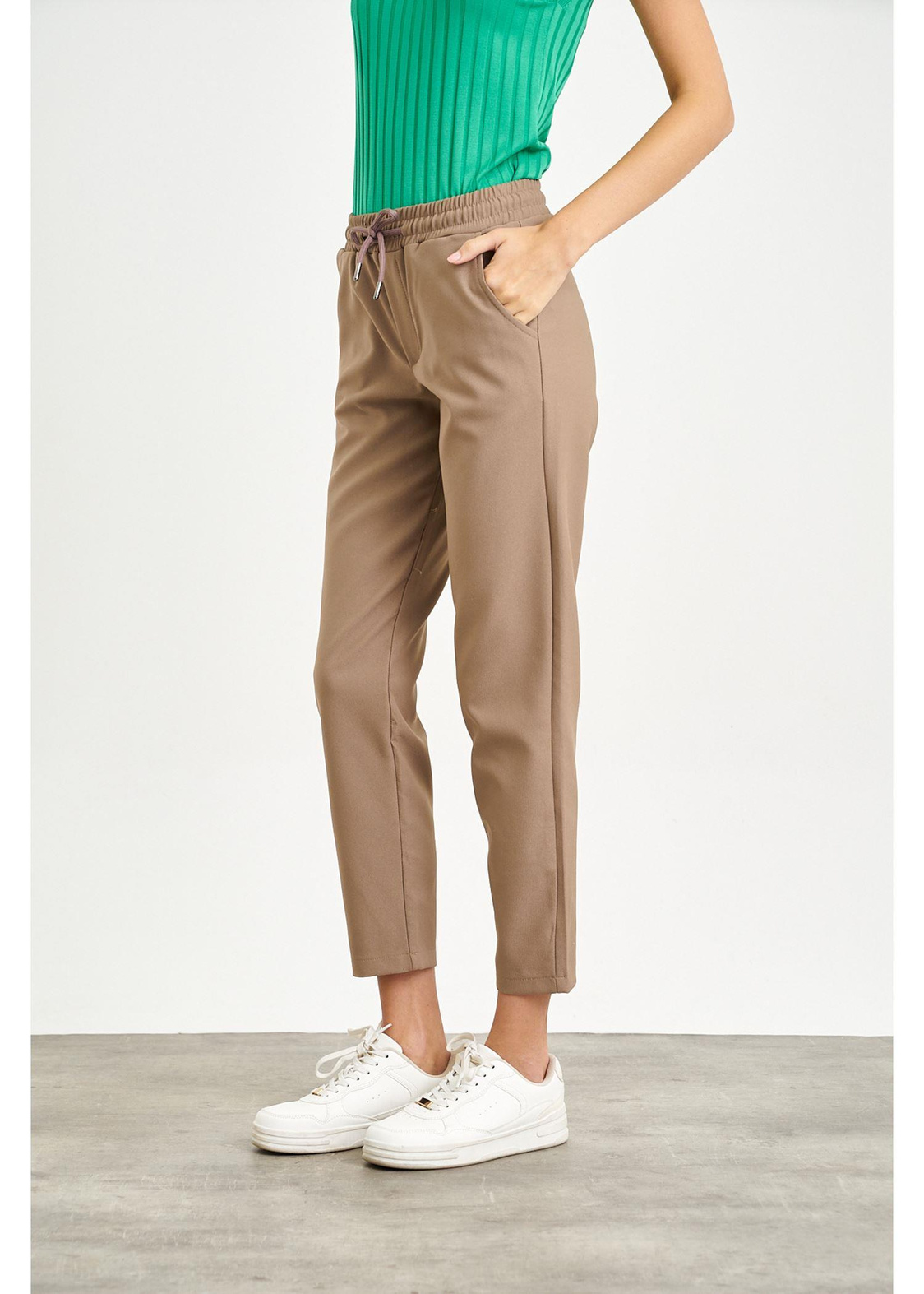 Elastik Mom Fit Pantolon-Vizon