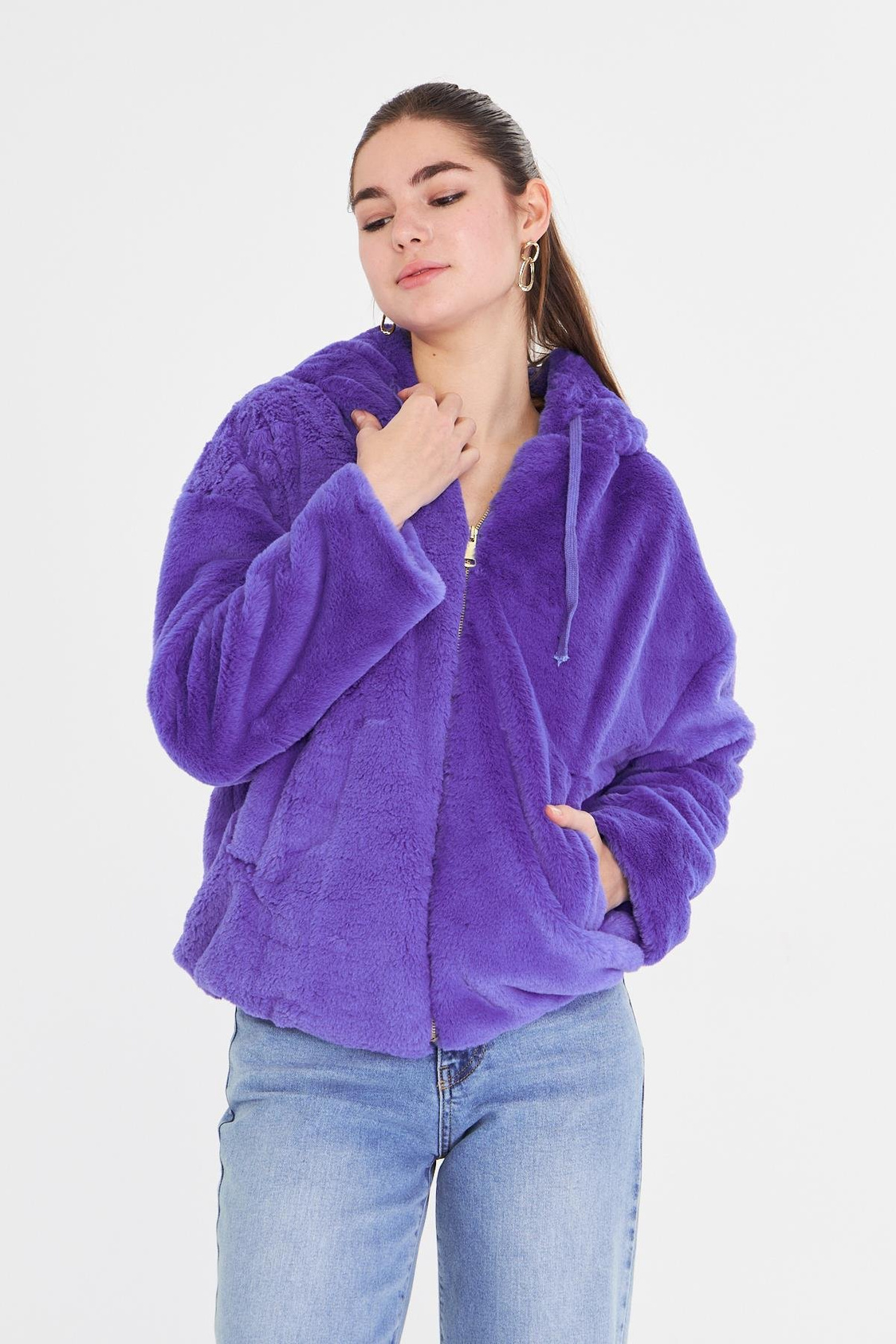 Etek Ucu Lastikli Kapüşonlu Peluş Mont - Lila