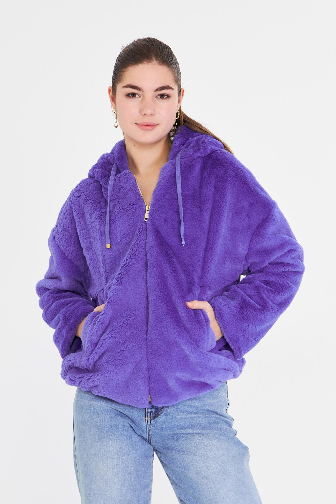 Etek Ucu Lastikli Kapüşonlu Peluş Mont - Lila