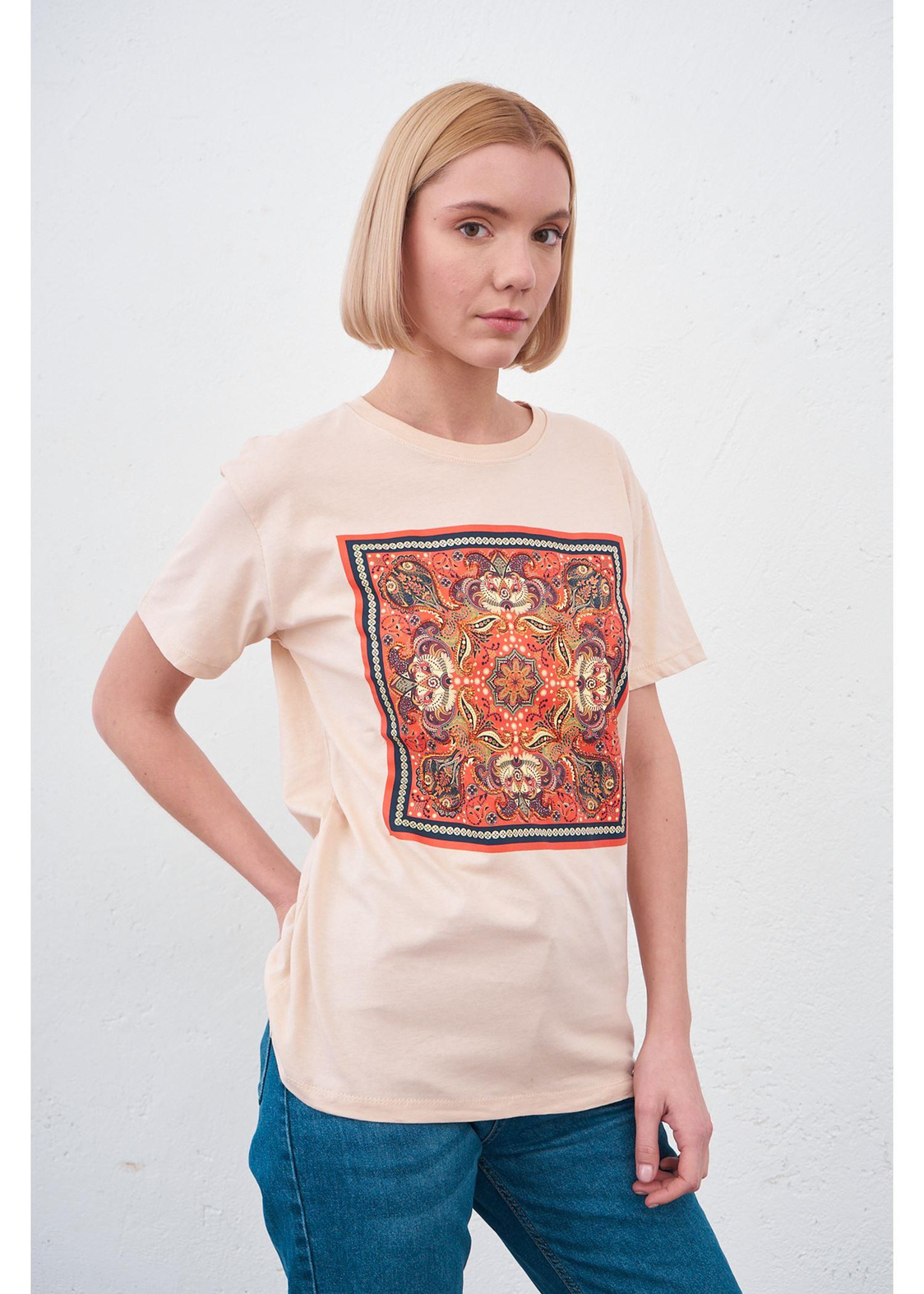Etnik Desen Baskılı T-shirt-Vizon
