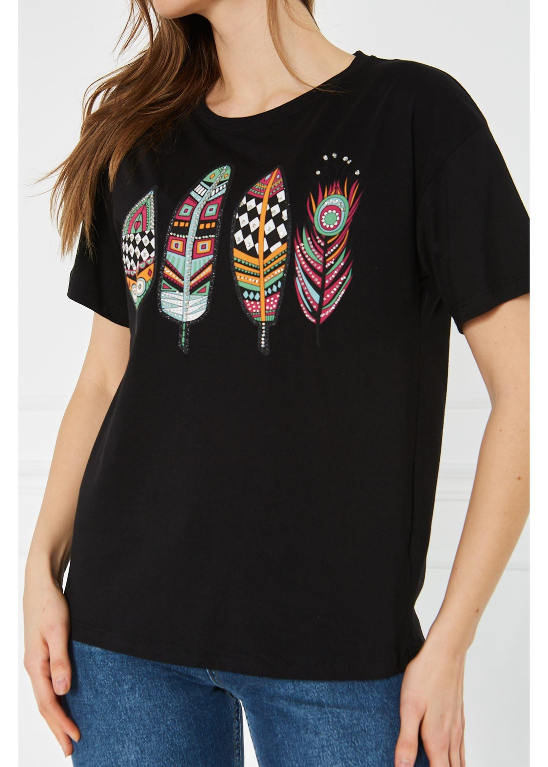 Etnik Desenli Basic Tshirt-Siyah