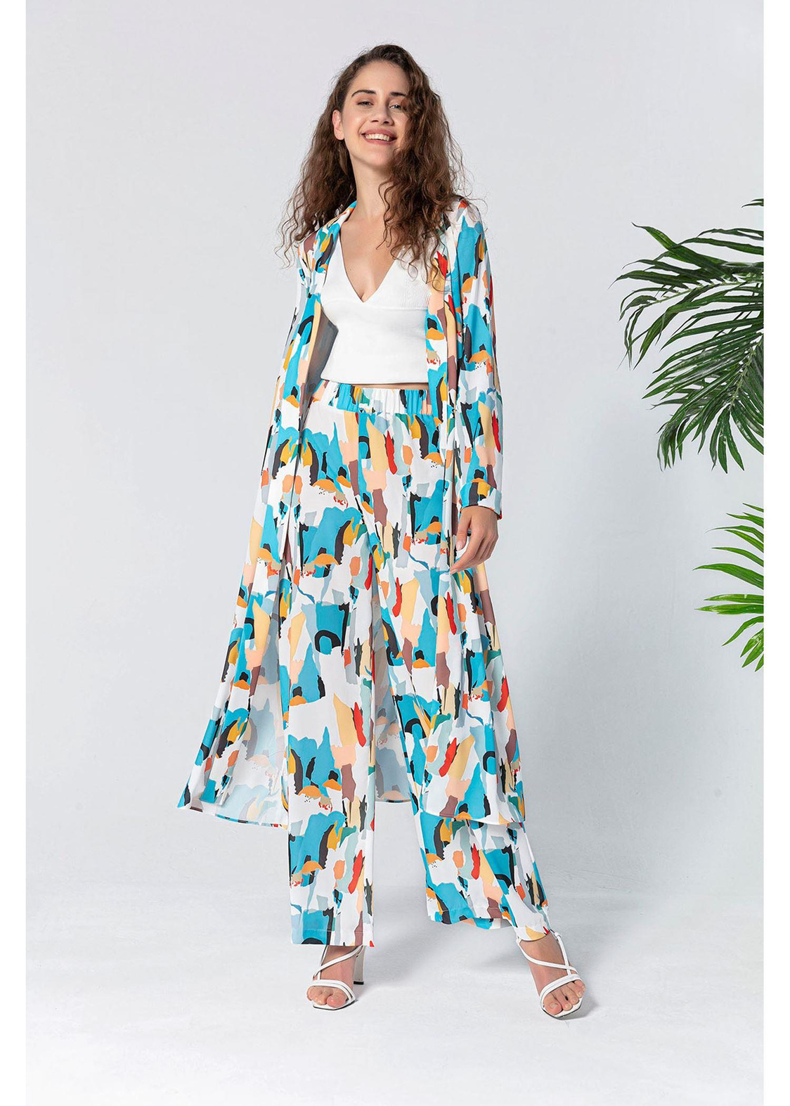 Etnik Desenli Kimono-Ekru