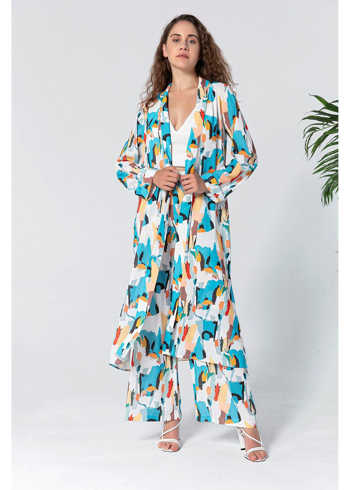 Etnik Desenli Kimono-Ekru