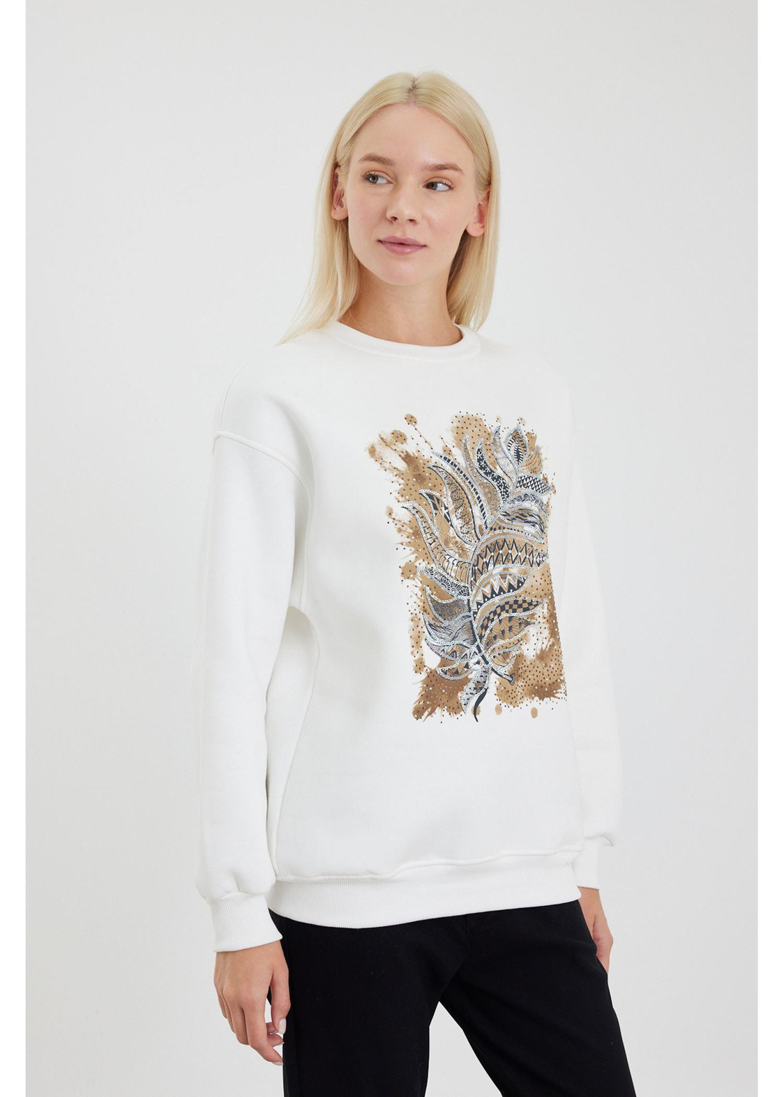 Etnik Desenli Pullu Sweatshirt-Ekru