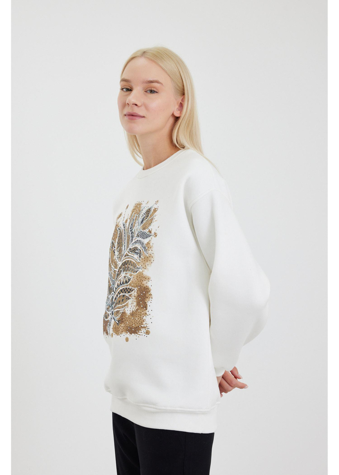 Etnik Desenli Pullu Sweatshirt-Ekru