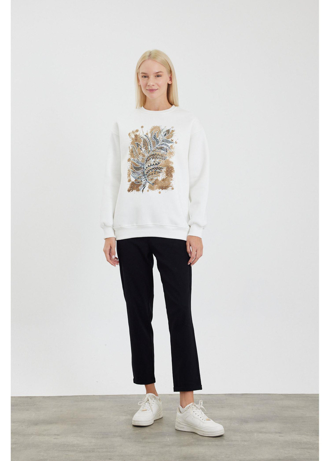 Etnik Desenli Pullu Sweatshirt-Ekru
