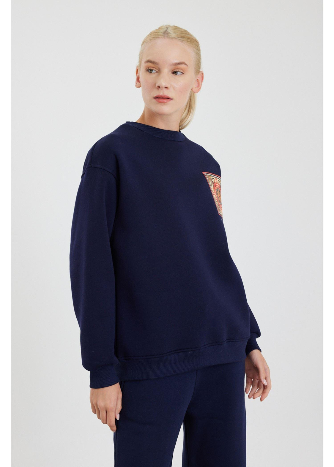 Etnik Desenli Sweatshirt-Lacivert
