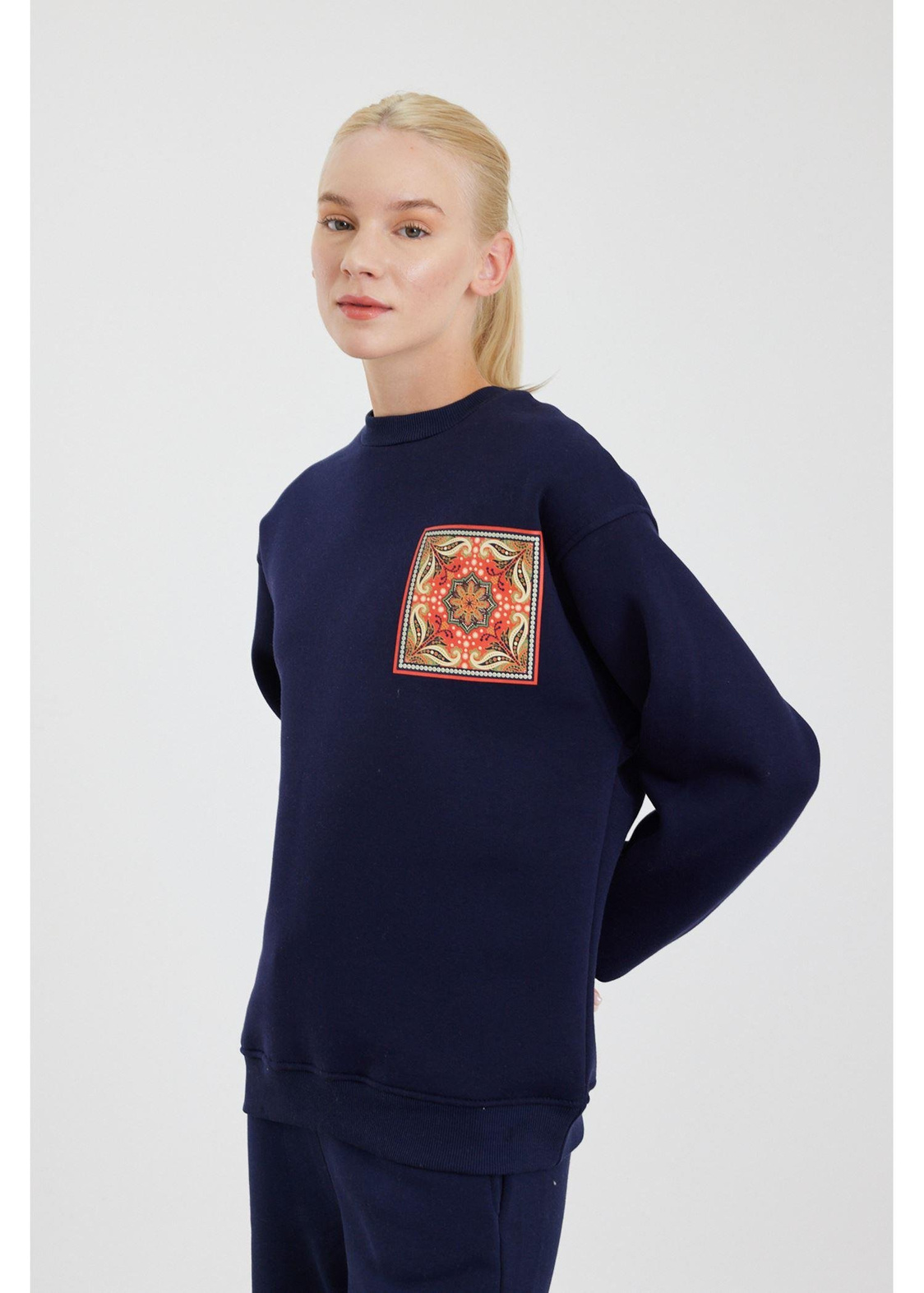 Etnik Desenli Sweatshirt-Lacivert