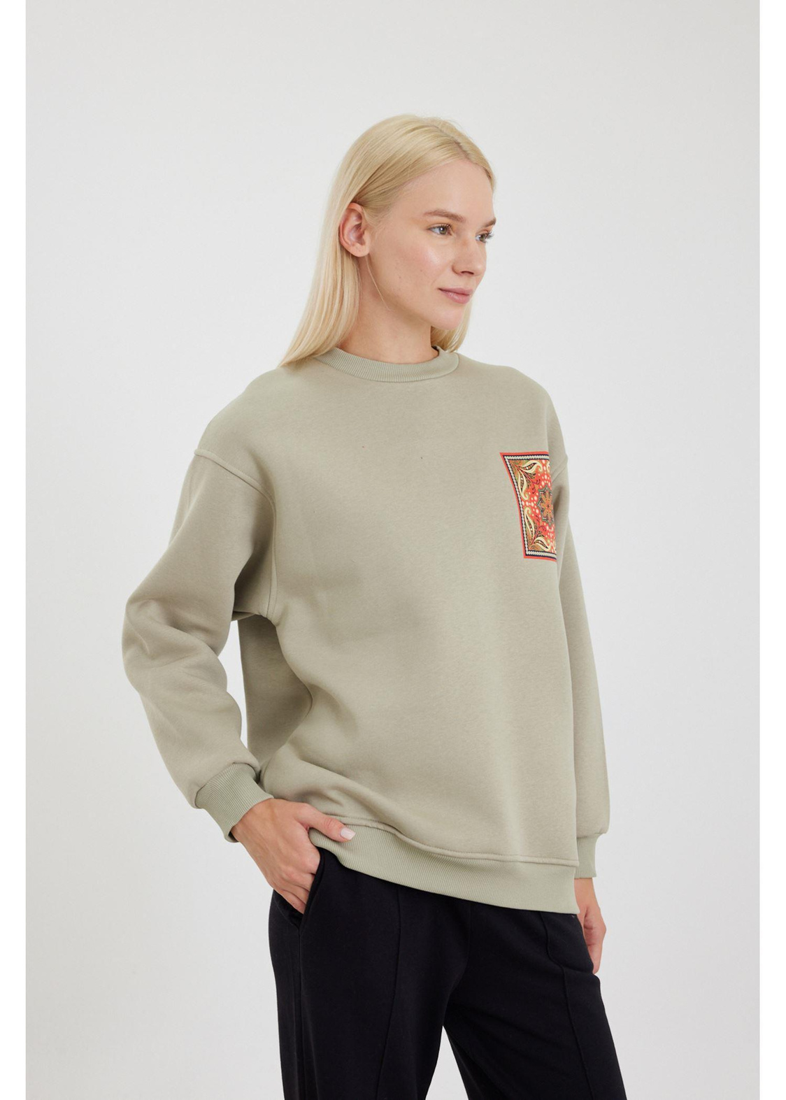 Etnik Desenli Sweatshirt-Yeşil